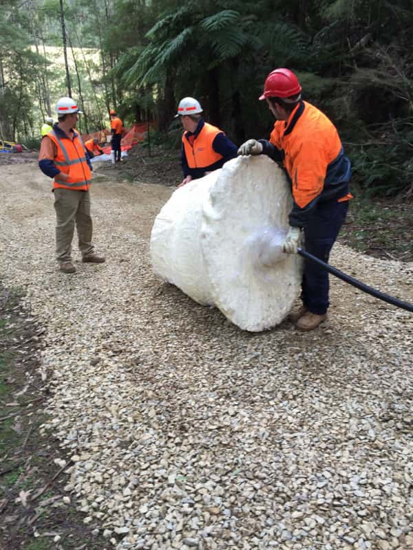 Workers carrying wrapped equipment
