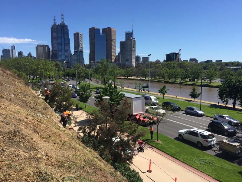 City skyline and river road
